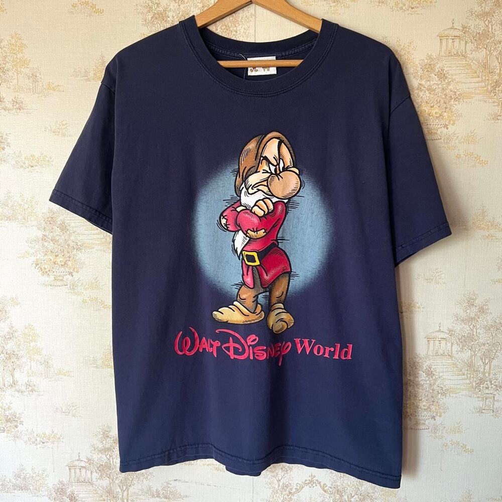 Y2K Walt Disney World Grumpy Dwarf Tee | Navy Blue Graphic | Size M